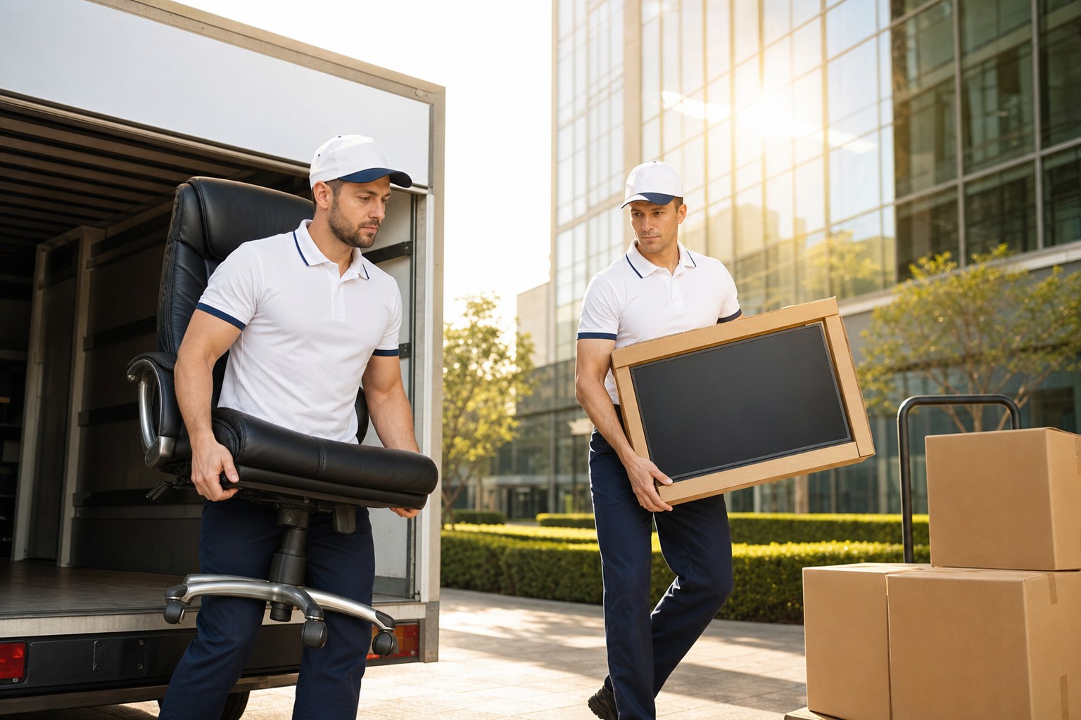 Professional moving box truck on a winding road, long-distance relocation in transit