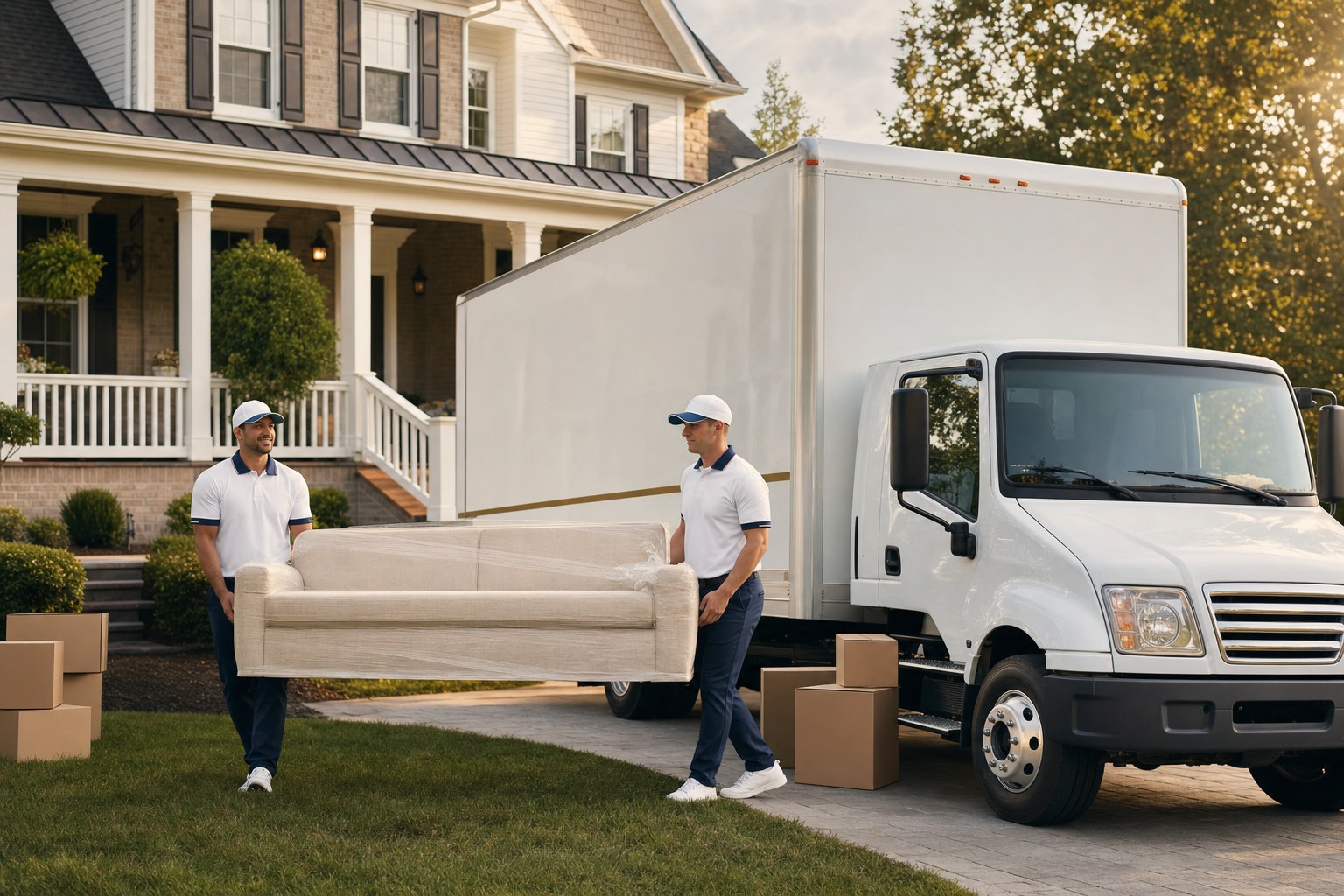 Movers unloading boxes from a moving truck at a residential home