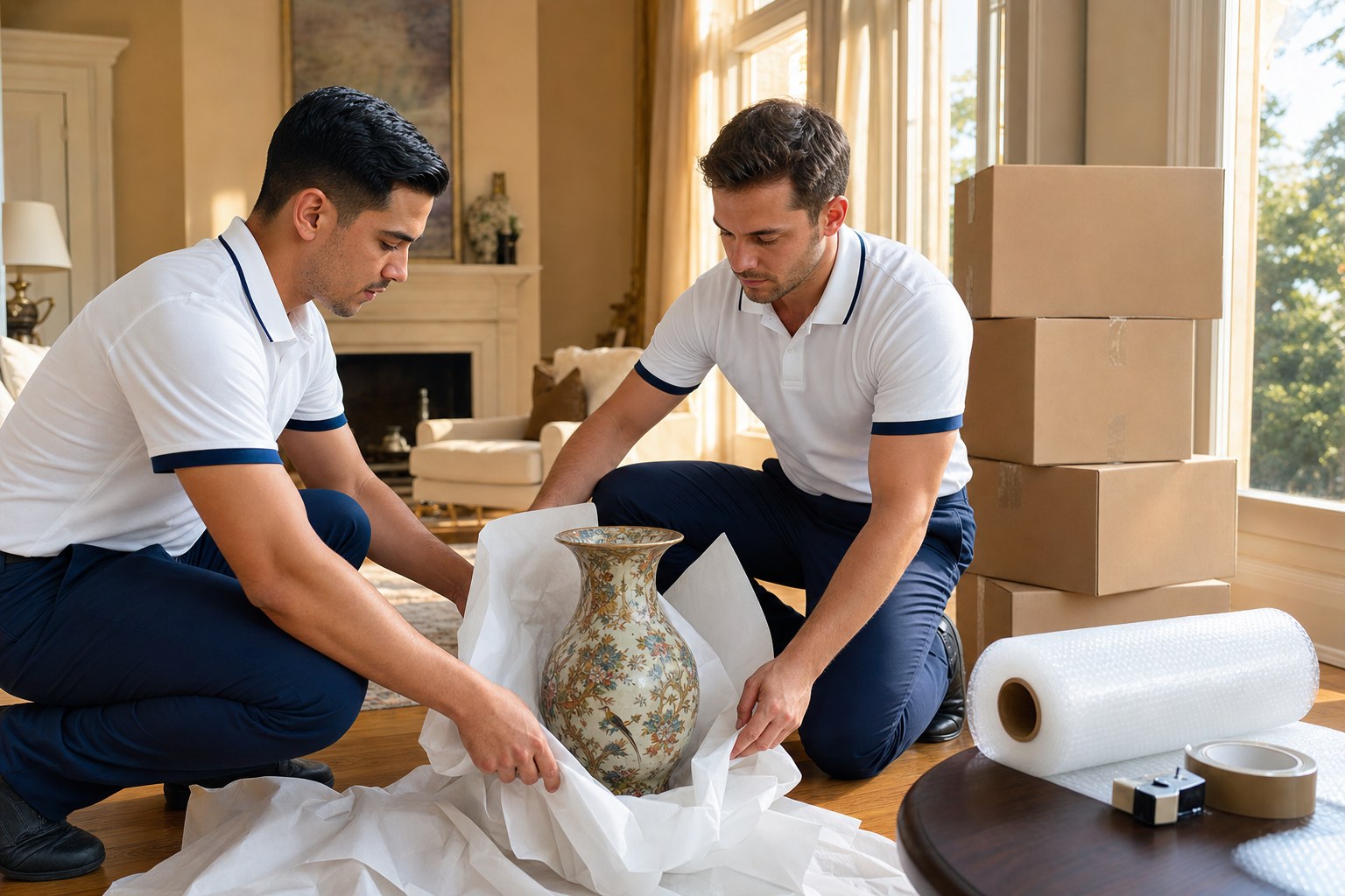 Movers carefully handling and loading wrapped fragile boxes