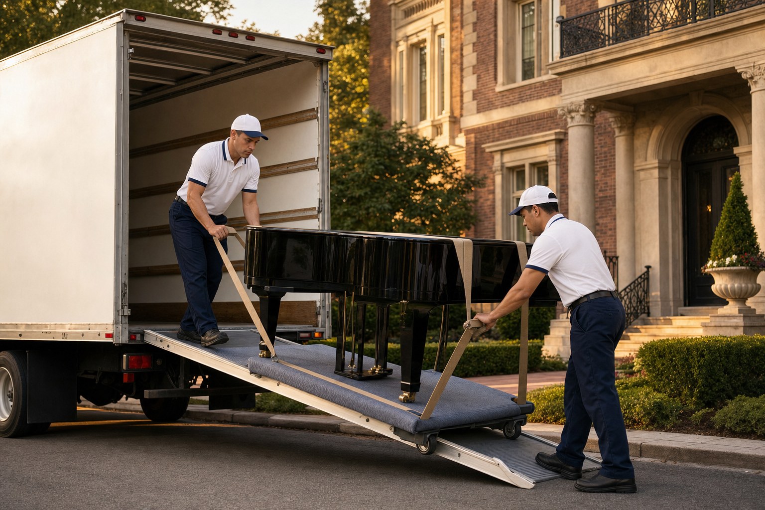 Moving crew loading a large fragile framed item into a moving truck