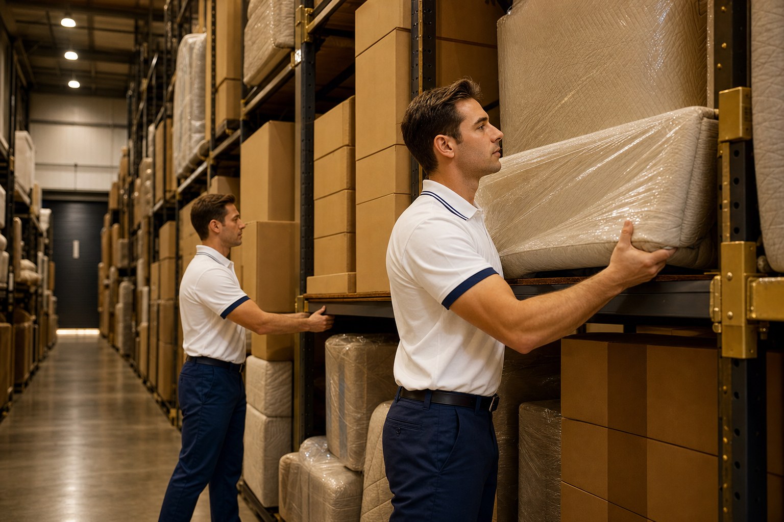 Movers loading padded blankets and household goods into a moving truck